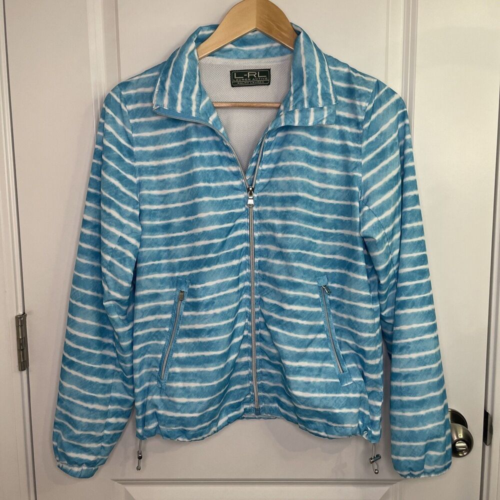 LRL Ralph Lauren Active Windbreaker Zip Up Jacket Striped Blue White Size Small